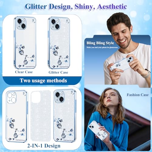 Coque pour iPhone 15 Plus esthétique transparente avec fleurs et paillettes