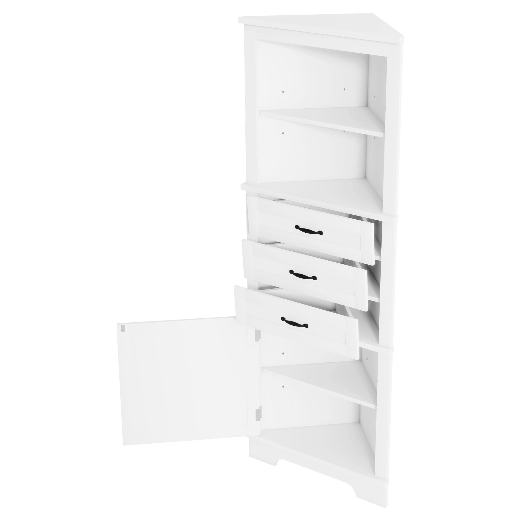 Armario esquinero para baño, 57,7 × 46 × 167,5 cm, dos estantes abiertos, tres cajones, color blanco, estantes ajustables, asas negras