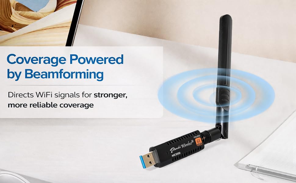 Image of Panda Wireless PAU0G AXE3000 Tri Band (2.4 /5 / 6 GHz) WiFi 6E USB 3.0 Adapter - Windows 10 /11, Zorin, MX Linux, EndeavourOS, Mint, Ubuntu, Manjaro, openSUSE, Fedora, Rocky, Kali and Raspbian