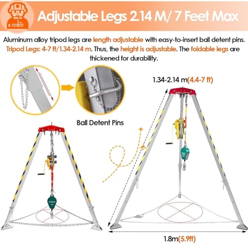 Kit de Protection antichute pour trépied en Aluminium - Système de Sauvetage Robuste pour espaces confinés, capacité de 1 200 à 2 600 LB, treuil Inclus, idéal pour Les Regards et l