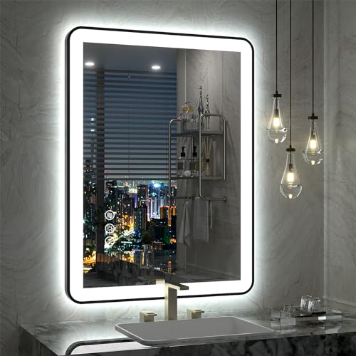 CHARMOR 24"x32" LED Mirror for Bathroom, Rounded Corner Black Framed Dimmable LED Bathroom Vanity Mirror, Anti-Fog, Shatterproof, Independent Backlit+Front Lights (Horizontal/Vertical)