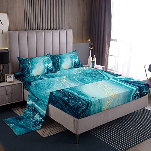 Erosebridal JCX24630CLBWTQUEEN Marble Sheet Set Queen Size,Teal Blue Marble Fitted Sheet Teal Gold Liquid Printed Bed Sheets cover