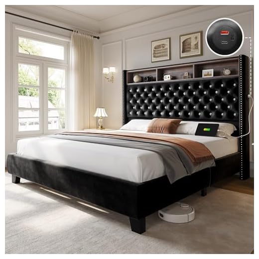 YITAHOME King Size Bed Frame with 58" Tall Headboard, Storage Headboard Bed with USB Charging Stations, Type-C Port, Velvet Upholstered Beds with Deep Button Tufted, No Box Spring Needed, Black