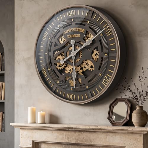 Image of 23 inch Oversized Wall Clock with Moving Gears, Industrial Steampunk Decor