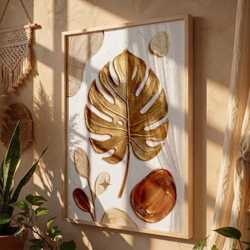 Image of kotart Golden Leaf Wall Art Home Decoration | Aesthetic Floral Paintings With Frame For Living Room Bed Room Hotel Wall Decor Digital Reprint (25x37 inch)
