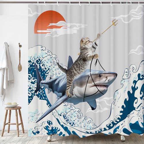Image of Funny Cute Cat Shower Curtains,Japan Cat Shark with Ocean Sea Wave Shower Curtain for Bathroom,Japanese Cool Fabric Shower Curtain Set with Hooks Bath Decoration 72X72inches