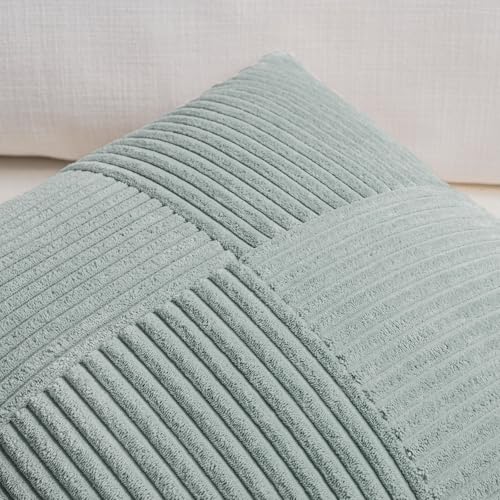 Image of Fancy Homi 2 Packs Grey Blue Long Lumbar Decorative Throw Pillow Covers 16x24 Inch for Couch Bed Sofa, Rustic Farmhouse Boho Home Decor, Soft Striped Corduroy Rectangle Accent Cushion Case 40x60 cm