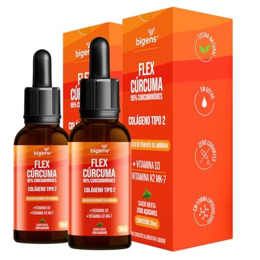 Flex Cúrcuma, Colágeno tipo 2, 95% curcuminóides, Vitamina D3, K2 Mk-7, Sabor Menta, Kit 2x 30 mL, Biogens