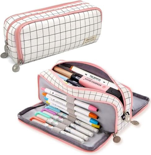 Image of Canvas Large Capacity Pencil Box For Girls&Boys,3 Compartments Pen&Pencil Pouches,Aesthetic Stationery Pouch For School Kids College Students,Cute Stationary Gift For Children (Plaide White)