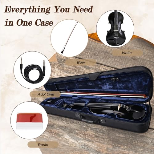 Image of Electric /Acoustic Violin with Ebony Accessories with Carrying Case, Violin Bow, Bridge, Shoulder Rest, Stickers, Tuner, Instruction, Handcraft with Maple, Spruce (Black)