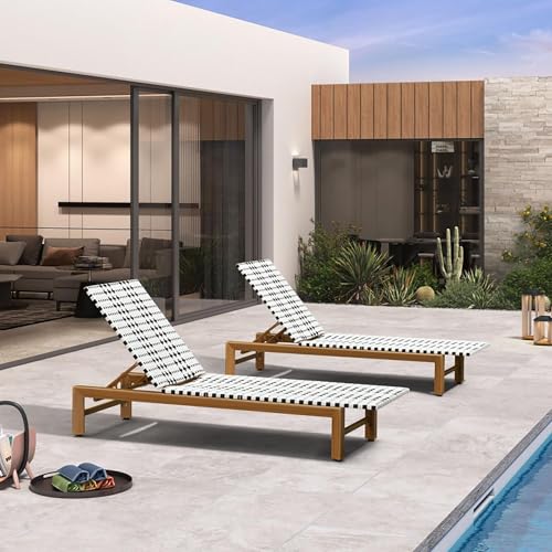 PURPLE LEAF Outdoor Chaise Lounge Chair Set of 2 French Pool Wicker Lounger Bamboo Aluminum Frame PE Rattan Adjustable Backrest for Poolside Patio Deck Beach, Bronze and White
