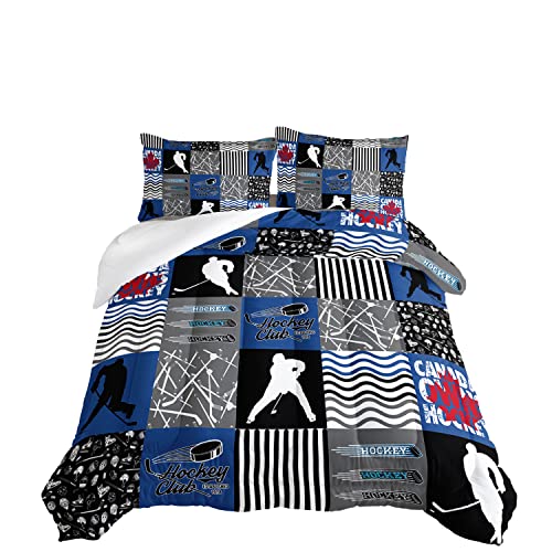 HOSIMA Ice Hockey Comforter Set for Boys Kids Teens Bedroom Decor, Soft Microfiber Sports Theme Blue and Gray Hockey Bedding with 2 Pillowcases,Hockey Player Bedding Comforters & Sets.