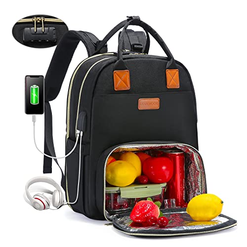 Lunch Backpack Insulated Cooler Backpack Laptop Backpack Lunch Box Bag School Backpack Travel Backpack for Women Men, with Lock, Black