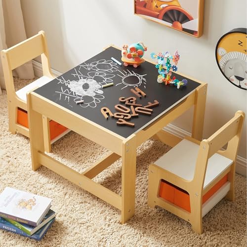 LIODUX 3 in 1 Kids Table & Chair Set Wooden Tabletop Childs Table Set Detachable Activity Tables with Storage Drawer Drawing Art Desk for Reading Crafts Playroom