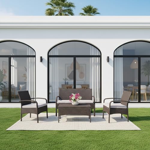 Image of BRISHI Outdoor Sofa Set || Balcony Sofa || Patio Furniture Sets || Indoor Sofa|| Wicker Rattan Garden Sofa Set with Cushion and Center Table (4 Seater-Brown-Beige)