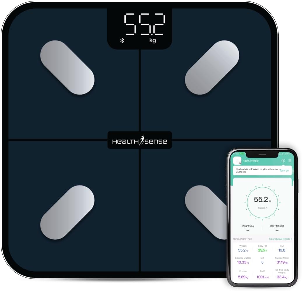 HealthSense Smart Weight Machine for Body Weight | BMI Weighing Scale & Bluetooth Fat Analyser for Home with 25 Body Parameters | Mobile App, LED Display, 100+ User Profiles, 1 Year Warranty | BS 181