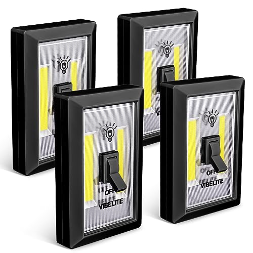 VIBELITE LED Night Light Switch 200 Lumen Wireless COB LED Lamps Switch Light Under Cabinet Shelf Closet Garage Kitchen Stairwell and Emergency Battery Operated 4 Pack Black