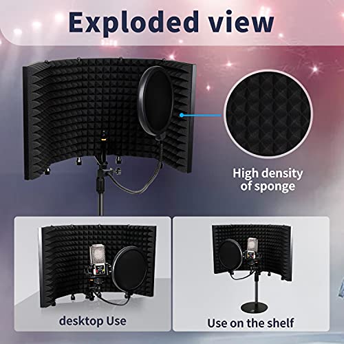 Studio Microphone Isolation Shield With Desk Mic Stand And Pop Filter, High Density Sound Proof Absorbing Foam, Portable Acoustic Treatment Equipment For Recording Mics Home Studio Podcast Vocal Booth #TOP3