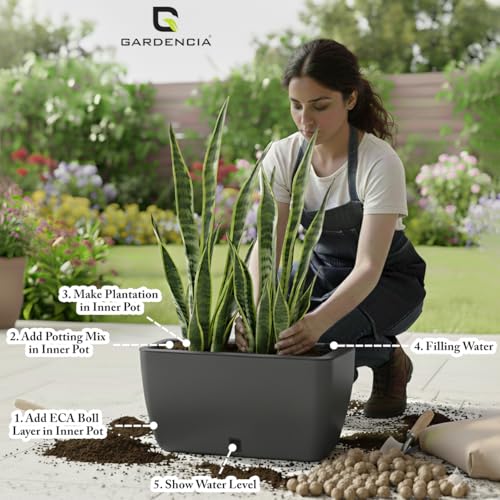 Image of GARDENCIA Self Watering Flower Pots for Outdoor Indoor Gardening /Rectangle Big Plant Pot with Polypropylene UV Material /Decorative Modern Gamla (Pack of 1, Recta Big Grey)