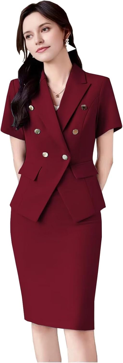 Women's Suit 2 PC Blazer Suit Short Sleeve Slim Fit Formal Suit Double Breasted Skirt Suit Fashion Summer Office Suit