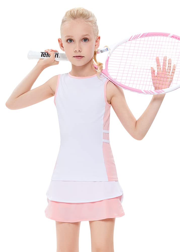 LIONJIEKids Girls Tennis Golf Outfit Sleeveless Dress Tank Top Skorts Skirts Athletic Sets with Shorts Pockets 3-12Y