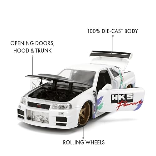 Jada Toys JDM Tuners Nissan Skyline GT-R (R34) moulé sous Pression 1:24 2002 avec Portes ouvrantes, intérieur détaillé, pneus en Caoutchouc, Collection à partir de 8 Ans (Blanc Brillant)