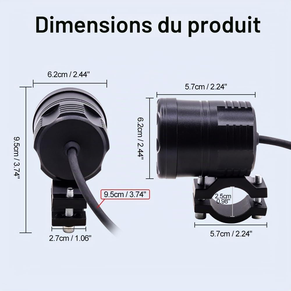 feux additionnels moto led, phare led moto, projecteur lampe kit jaune/blanc 12V/24V 60W + Interrupteurs + Housse de Protection + Harnais de Câblage pour, 2Pcs