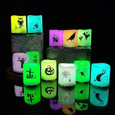 Qinc 12 Pack Halloween Votive Tealights Candles with Skull Pattern Led Flameless Colour Changing Votive Pumpkin Lights Jack O Lantern Lights Battery Operated Candles for Party Hom…