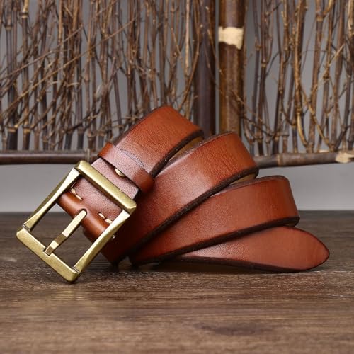 Rugged Vintage Men's Leather Belt -5mm Thick Genuine Cowhide with Solid Brass Buckle,Classic Jeans Strap for Casual Wear(130cm/51, Brown)2