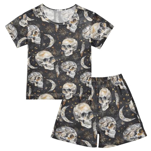 ALAZA Boho Style Skulls Pajama Set Short Sleeve Sleepwear Soft Lounge Nightwear