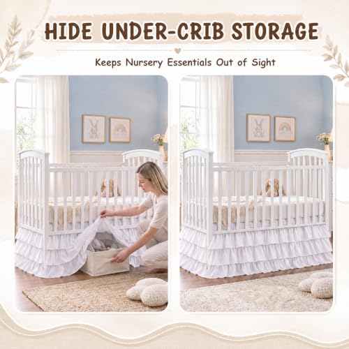 Image of Hahafelt White Crib Skirt for Baby Girls Boys, 100% Washed Cotton Bed Skirt