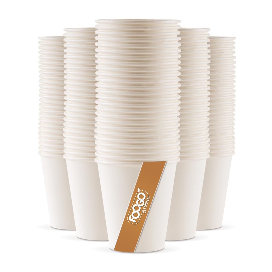 FOOGO Green 200pcs 6oz Disposable Strong Single-Wall White Paper Coffee Cups, FSC® Certified, Fully Compostable, Takeaway, Paper Cups for Hot Drinks, Parties, Eco-Friendly