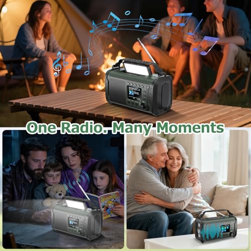 27000mAh DAB/DAB+ Notfallradio mit Kurbel, Solar & USB Laden, Bluetooth 5.3, Powerbank-Funktion, SOS Signal, Heller Taschenlampe, Leselampe, Kompass, TF-Karte und robustem Outdoor-Design, Armeegrün