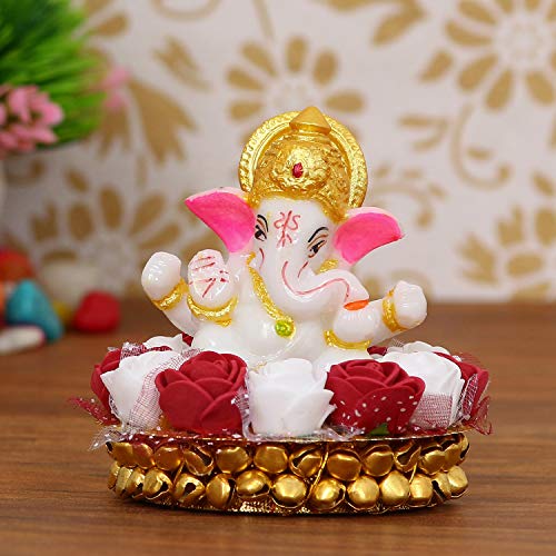 eCraftIndia Golden and White Polyresin Lord Ganesha Idol on Decorative Handcrafted Plate with Red and White Flowers - Perfect Home Decor or Gift for Diwali, Ganesh Chaturthi, and Hindu Festivals