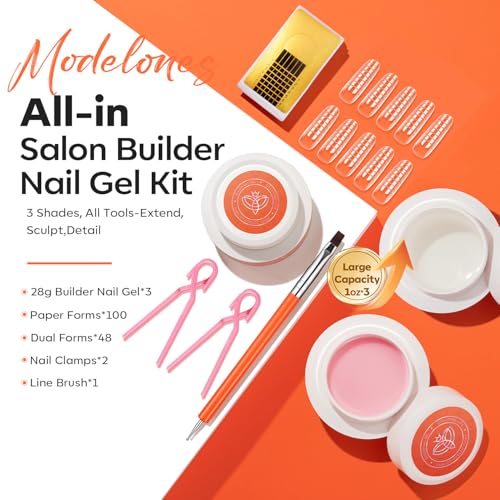 Image of modelones Builder Nail Gel, 3 Colors Builder Hard Gel Nude Pink Clear for Overlays, Apex Building & Extensions, Sculpting Nail Kit with Dual-Ended Brush, Nail Forms, U V /LED Lamp Cured DIY Salon