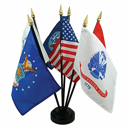 Ant Enterprises Military Armed Forces 5 Branch Service Miniature Flag Desk Set Table Black Base