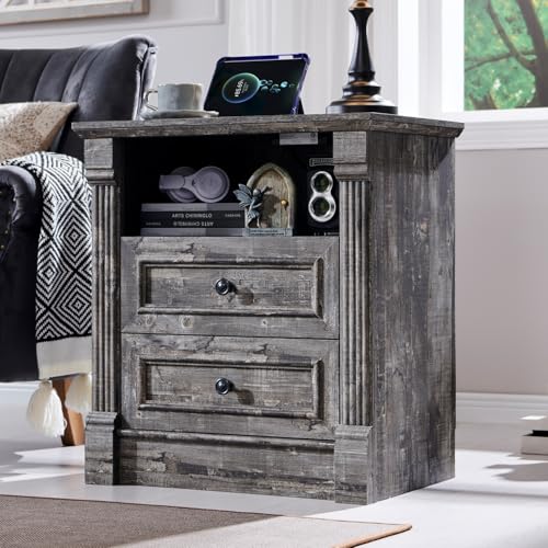 Image of 26 inch Tall 2 Drawers Dresser for Bedroom, Farmhouse 23.6 inch Wide Large Nightstand with Charging Station, Wood Rustic Side Table w /Roman Column, End Table for Bedroom, Living Room, Light Grey