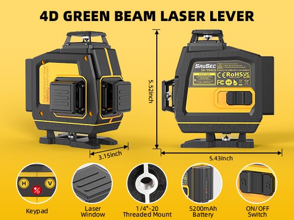 Image of SAVSEC HPE-6066 16 Lines Green Laser Level Pro - 4x360 4D Green Cross Self-Levelling Professional Laser Line for Construction with Two 360 Vertical /Horizontal Laser Level Pulse Mode