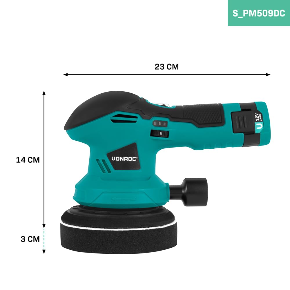 VONROC Lucidatrice 12V - 2-in-1 Lucidatrice e Levigatrice, 6 Velocità, Ø125mm, Ricarica USB-C, Accessori Inclusi