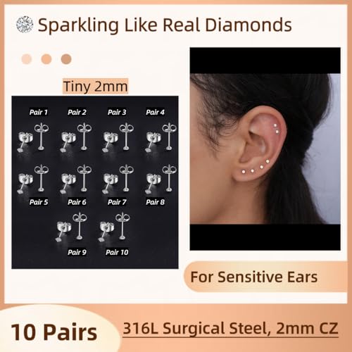 10 Pairs Small Stud Earrings for Women Diamond-Like Shine Cubic Zirconia Earrings for Sensitive Ears Hypoallergenic Surgical Stainless Steel Tiny Stack Earrings for Multiple Piercing2