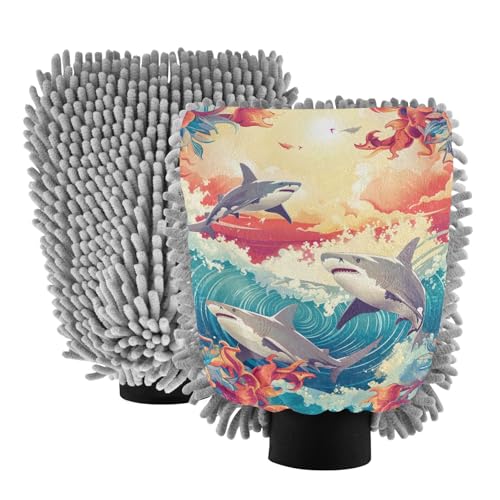 IOACIY Absorbent Microfiber Car Wash Drying Mitts, 2 Pack, Scratch-Free & Lint-Free, Rich Foam, Highly Absorbent, Double Sided, Wash Mitt Perfect for Car Washing, L, Shark (5)