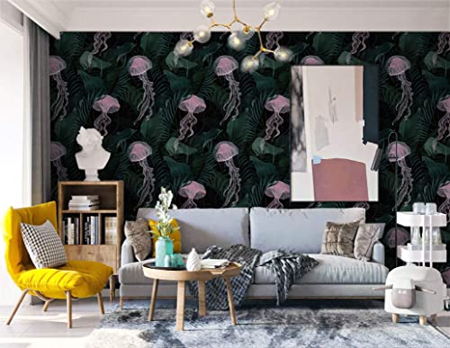 16.14"X78.7" Tropical Wallpaper Peel And Stick Wallpaper Self Adhesive Removable Wallpaper Green Leaves And Pink Jellyfish Contact Paper Waterproof Vinyl Decorative Wallpaper For Locker Bedroom Wall #TOP7