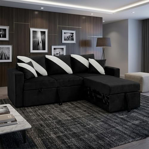 Image of FURNY Trivia 4 Seater RHS Lounger Sofa Cum Bed (Black) with Pull-Out Function | Luxury Velvet Suede Finish | Durable Comfort | Ideal for Living Room