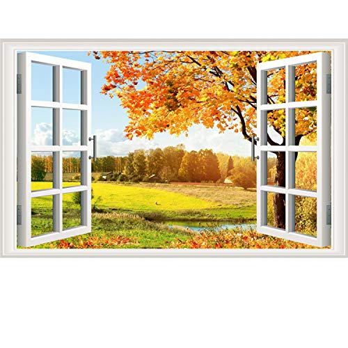 Prabahdak Fake Window Wall Sticker Golden Tree and Yellow Fields Removable Wall Sticker Autumn River Big Tree Faux Window Wall Mural Nature Forest Scenery Wall Sticker Self-Adhesive Wall Decal