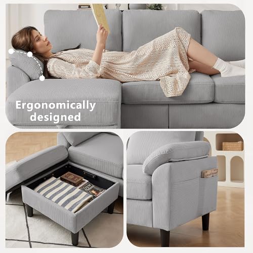 Image of 80''L Shaped Sectional Sofa Couch, 3 Seater Corduroy Sofa with Storage Ottoman, Removable & Washable Cushion Covers, Side Pockets, Modern L Couch for Living Room, Light Grey