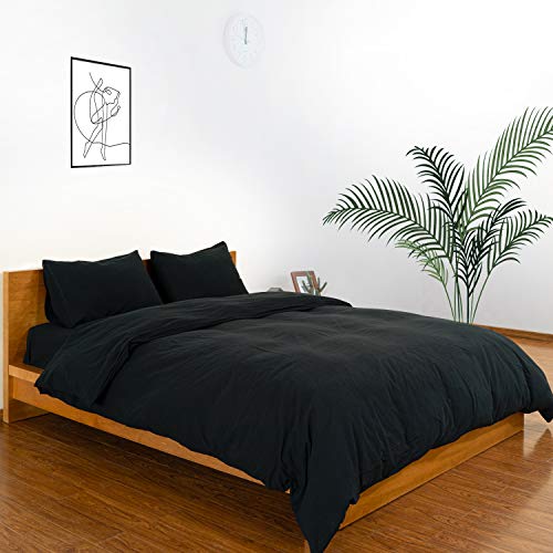Atsense Black Duvet Cover King Size, 100% Washed Cotton Linen Feel Super Soft Comfortable, 3-Piece Black Duvet Cover Bedding Set, Durable And Easy Care, Simple Style Farmhouse Comforter Cover #TOP6