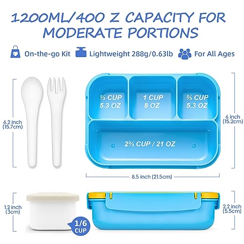 Sunhanny Lunch Box Kids, Bento Lunch Box for Girls Boys School, Lunch Containers for Adults Kids with 4 Compartments, Sauce Container, Utensils, Food Picks and Muffin Cups, Blue Dinosaur