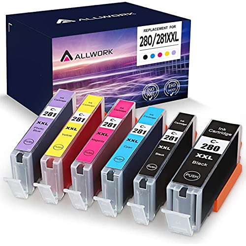 Allwork Compatible PGI 280XXL CLI 281XXL Ink Cartridges Replacement for Canon 280 281 XXL Works with Canon Pixma TR7520 TS9120 TS8120 TR8520 (PGBK, Black, Photo Blue, Cyan, Magenta, Yellow) 6 Pack