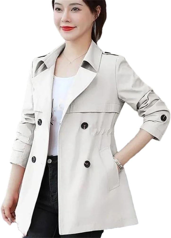 keusyoi Spring Short Coat Windbreaker Women's Trench Coat Short Jacket Ladies Solid Coat Women Double Bbreasted Outwear
