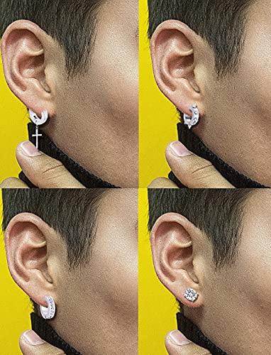 12 Pairs Magnetic Stud Earrings Stainless Steel CZ Hoop Punk Feather Dangle Hinged Non-Piercing Earrings Clip on Magnet Earring Set for Women Men Silver Black Tone4